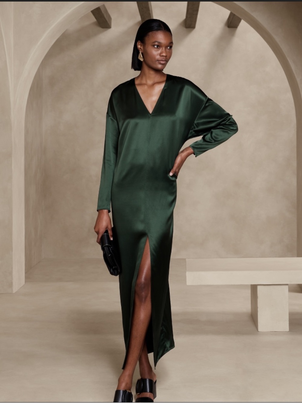 Banana Republic Dark Green Satin V‑Neck Maxi Dress